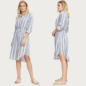 💕MICHAEL STARS💕 Vita Midi Long Sleeve Shirt Dress ~ Blue White Pink Striped XS